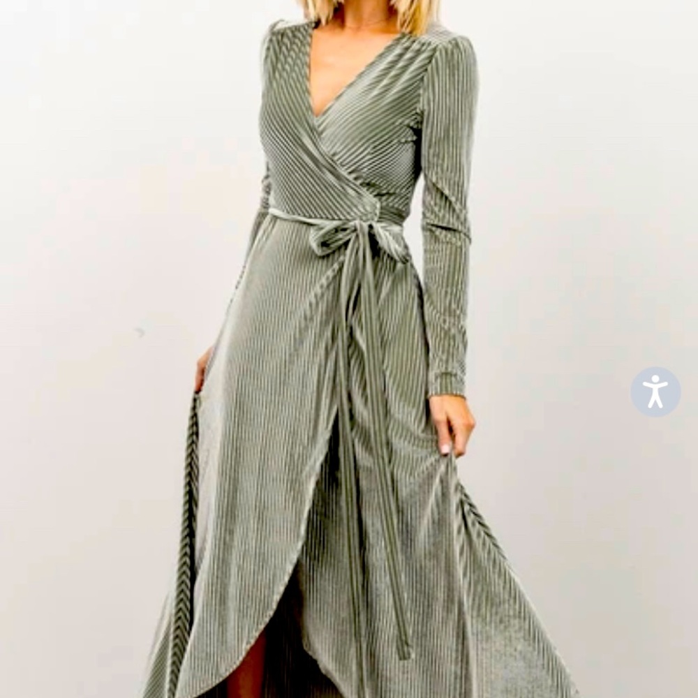 Jada ribbed velvet wrap dress - dusty sage.